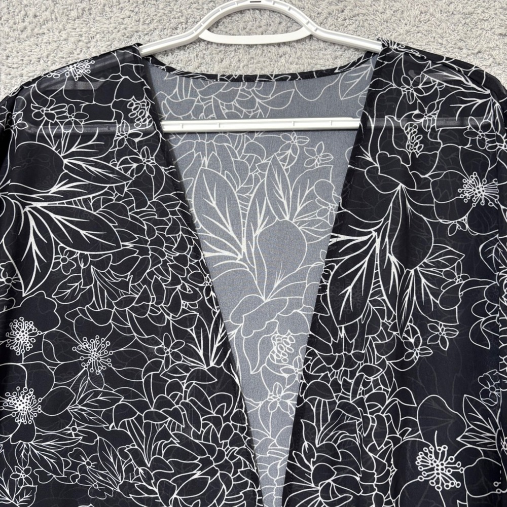Lightweight Sheer Layering Kimono Floral Black White Open Front Flowing Top XXXL - Picture 3 of 10